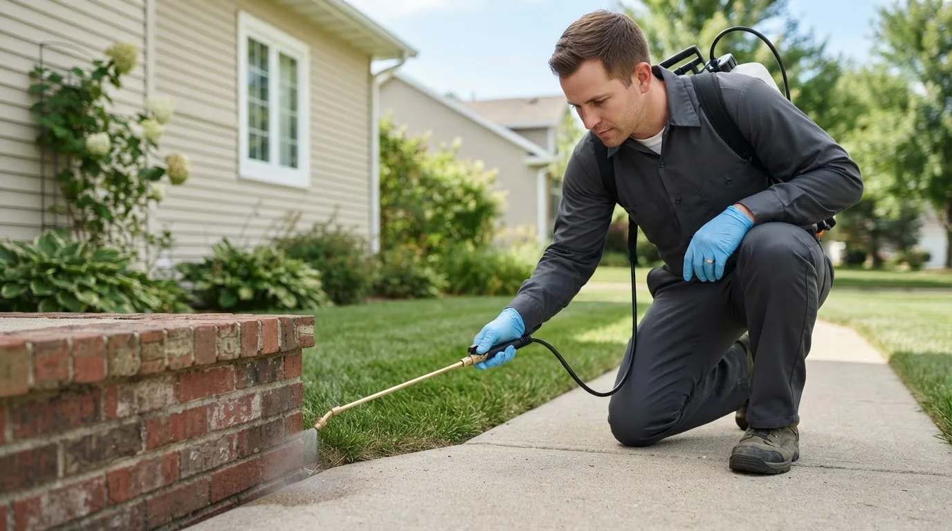 Pest control technician treating a home near North Springfield, VT